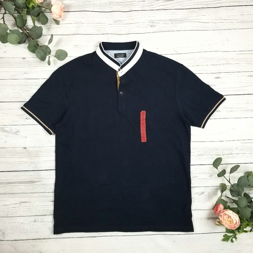 Zara Mens Casual Polo Short Sleeve Navy Blue Sz XL